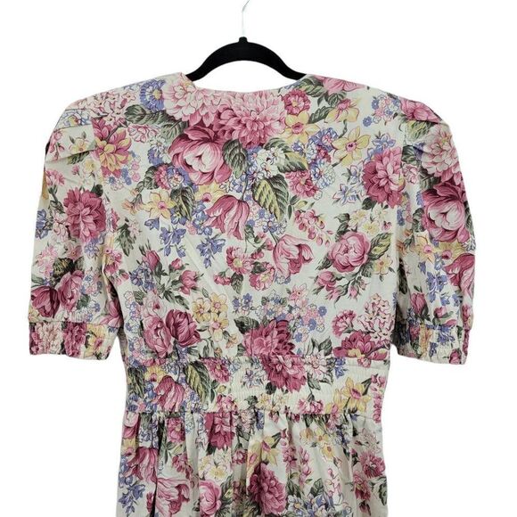 Vtg 80's Womens L Dress Cottage Core Mock Wrap Puff Sleeve Full Midi Floral Pink - Picture 10 of 10